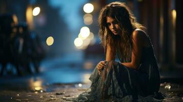 joven solo mujer sentado en el calle en el noche. fanático Adolescente niña borracho. alcoholismo, alcohol abuso concepto. foto