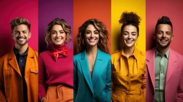 Collage of smiling young people in colorful clothes on multicolored background. photo