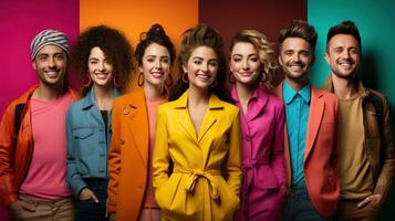 Portrait of a group of smiling young people over colorful background. photo