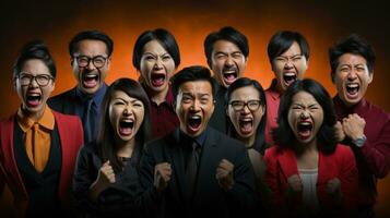 Group of screaming asian business people on orange background. Stress business concept. photo