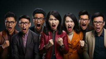 Group of business people celebrating success isolated on black background, asian. photo