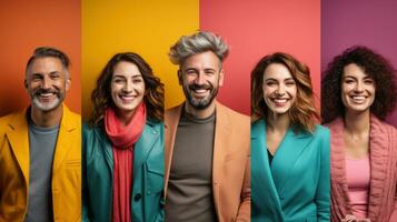 Smiling multicultural friends in autumn clothes looking at camera on multicolored background collage. photo