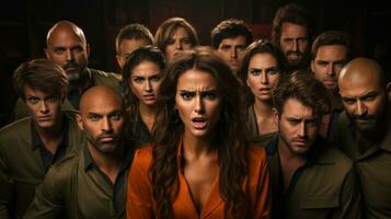 Dramatic portrait of a group of people in a dark room. photo