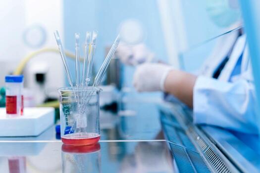 dropper pipette in beaker and scientist using dropper pipette transfer sample in Biosafety cabinet on background. select focus on beaker photo
