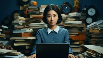 Young asian woman with laptop and many books and clocks. Time management, frustrated and tired employee in digital agency office. photo