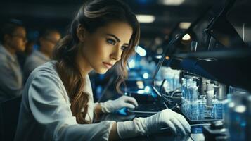 Portrait of a young female scientist working in a laboratory. Science, chemistry, biology, medicine and people concept. photo