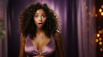 Portrait of a surprised young african american woman with curly hair in lingerie big breast. photo