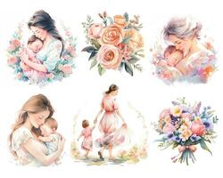 Watercolor Beautiful Mother and Baby Happy Mother's Day illustration set photo