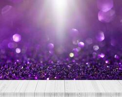 Wooden platform with white  light glitter background photo