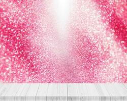 Wooden platform with white  light glitter background photo