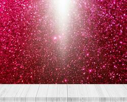 Wooden platform with white  light glitter background photo