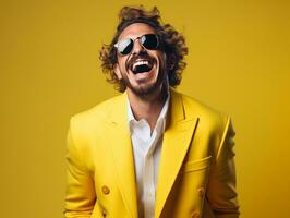 Portrait of smiling confident happy male wearing glass on yellow background photo