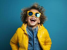 Cheerful Child with Curly Hair Smiling in Indoor Studio with Blue and Yellow Colored Background photo