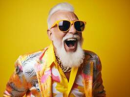 Happy Smiling Man with Beard and Gray Hair Wearing Sunglasses on Yellow Background photo