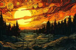 Sunset in the forest. Vector illustration of a beautiful landscape, Forest landscape, swirling orange sky, empty background, colorful, Van Gogh style painting, AI Generated photo