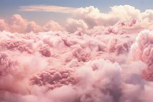 aéreo ver de hermosa Cloudscape con azul cielo y luz de sol, mullido blanco y rosado nubes, ai generado foto