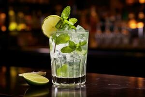 Mojito cocktail on a bar counter in a nightclub, close-up, Fresh mojito in a glass and ice on bar counter, AI Generated photo