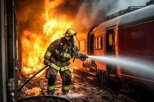 Firefighter fighting fire with a fire extinguisher and a burning train, fireman using water and extinguisher to fight fire flame in plane accident, AI Generated photo