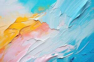 Painting closeup texture background with  blue, yellow, pink and white brush strokes, Fragment of multicolored texture painting. Abstract art background, AI Generated photo