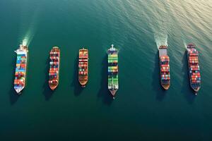 aéreo ver de envase Embarcacion en el mar. carga transporte concepto, cuatro envase buques vela a través de el Oceano en esta aéreo fotografía, ai generado foto