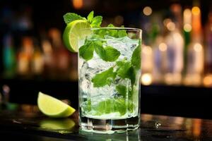 Mojito cocktail on bar counter with ice cubes and mint leaves, Fresh mojito in a glass and ice on bar counter, AI Generated photo