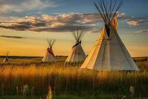 tradicional americano indio wigwam en el campo a atardecer, primero naciones tipis en el abierto praderas de norte America, ai generado foto