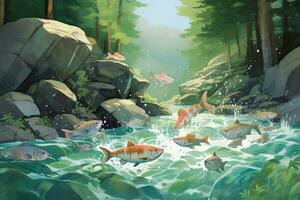 dibujos animados escena con peces nadando en el río - ilustración para niños, peces Vamos para desove río arriba, ai generado foto