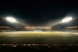 luces a noche y vacío fútbol americano estadio. 3d representación. mezclado medios de comunicación, fútbol americano campo iluminado por estadio luces, ai generado foto