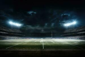 vacío fútbol estadio a noche con luces y fumar. 3d representación, fútbol americano campo iluminado por estadio luces, ai generado foto