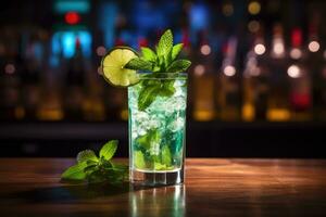 Mojito cocktail with lime and mint on the bar counter , Fresh mojito in a glass and ice on bar counter, AI Generated photo