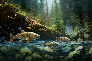 Fantasy scene with two fishes swimming in a lake. 3D rendering, Fishes go for spawning upstream, AI Generated photo