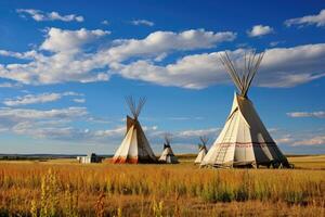 Tribal tent in the prairie of Alberta, Canada, First Nations tipis on the open prairies of North America, AI Generated photo