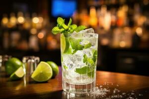 Mojito cocktail on bar counter with ice, lime and mint, Fresh mojito in a glass and ice on bar counter, AI Generated photo