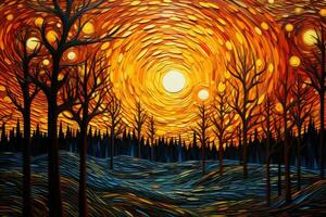 puesta de sol en el bosque. paisaje con arboles y sol, bosque paisaje, arremolinándose naranja cielo, vacío fondo, vistoso, camioneta gogh estilo cuadro, ai generado foto