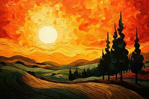 Sunset over the hills with trees. Illustration. Digital painting, Forest landscape, swirling orange sky, empty background, colorful, Van Gogh style painting, AI Generated photo