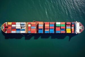 envase carga carga Embarcacion con trabajando grua puente para logístico importar exportar fondo, cuatro envase buques vela a través de el Oceano en esta aéreo fotografía, ai generado foto