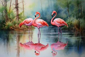 pink flamingo in the pond with water reflection, digital painting, Flamingos watercolor painting, AI Generated photo