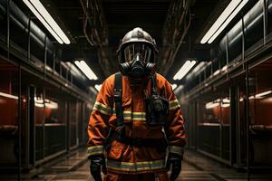 bombero en un gas máscara en pie en un oscuro subterráneo estación, bombero búnker traje en el fuego estación, ai generado foto