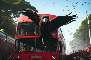 Red double decker bus in Kuala Lumpur, Flamengo fans following their bus. Huge vulture, AI Generated photo