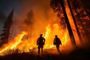 Firefighters fighting a fire in the forest. Firefighters fighting a fire, Firefighter trying to prevent the spread of natural disaster, AI Generated photo