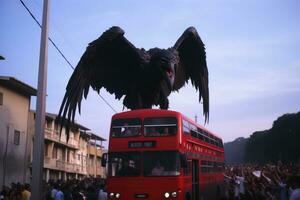 Tourist bus on the street of Barcelona, Flamengo fans following their bus. Huge vulture, AI Generated photo