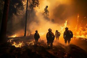 Firefighters fighting a fire in a forest. Firefighters fighting a fire, Firefighter trying to prevent the spread of natural disaster, AI Generated photo