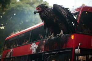 A big black eagle in front of a red bus, Flamengo fans following their bus. Huge vulture, AI Generated photo