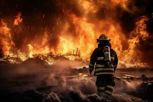 bombero en acción en contra el fondo de un grande ardiente fuego, bombero molesto a evitar el untado de natural desastre, ai generado foto