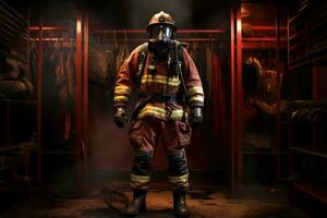 bombero en el fuego estación. foto en antiguo imagen estilo, bombero búnker traje en el fuego estación, ai generado