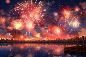 Fireworks over the city at night with a boat in the foreground, fireworks in the sky, AI Generated photo