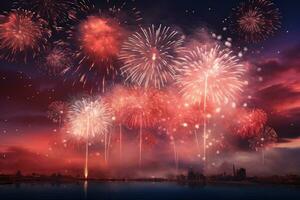 Colorful fireworks of various colors over night sky with cityscape background, fireworks in the sky, AI Generated photo