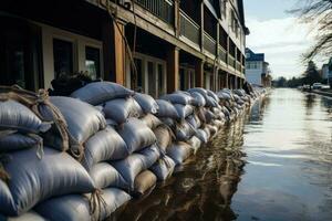 Piles of sandbags on a flooded street during a flood, Flood Protection Sandbags with flooded homes in the background, AI Generated photo