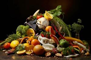 still life with a lot of different vegetables and fruits on a dark background, Food Waste, AI Generated photo