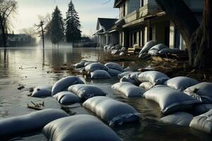 Pile of sandbags in the flood. Flooding the city, Flood Protection Sandbags with flooded homes in the background, AI Generated photo